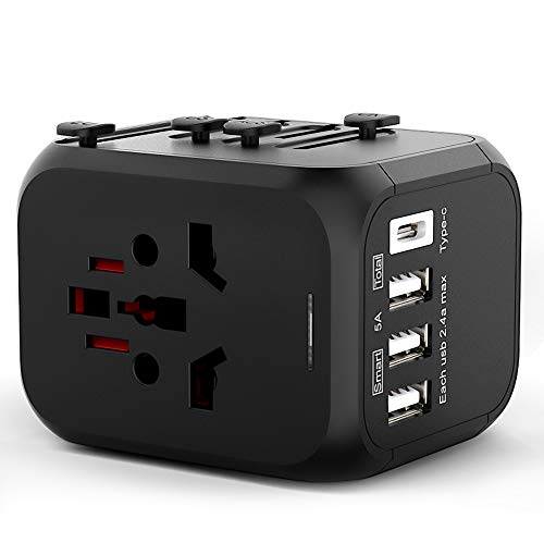 Product Cover Universal Travel Adapter, Ananteke International Power Adapter, All-In-One Worldwide Travel Charger Power Plug Adapter with 3 USB + 1 Type C Charging Ports for USA UK AUS European 200 Countries（Black）