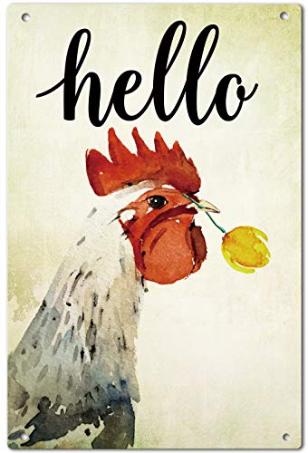 Product Cover Agantree Art Hello Farm House Chicken Fowl Garden Yard Metal Sign Outdoor Decorative Metal Plaque 12 x 8 Inch