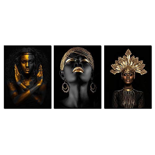 Product Cover Abstract Poster Printed Golden Fashion Black Woman Portrait Wall Art Canvas Print Frame Picture Painting for Room Home Decorations 12x16inch 3PCS