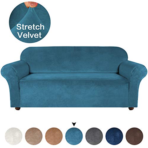 Product Cover Turquoize Spandex Velvet Sofa Slipcovers for 4 Seater Cushion Couch Cover Extra Large Furniture Protector Stretch Elastic Sofa Slipcover Couch Slipcover Machine Washable (XL Sofa, Peacock Blue)