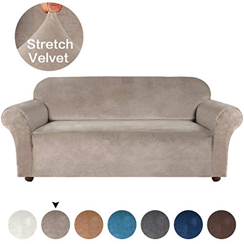 Product Cover Turquoize High Stretch Sofa Slipcover Velvet Plush Sofa Cover for Living Room Sofa Cover Slip Resistant Stylish Furniture Protector/Couch Covers/Lounge Covers for 3 Cushion Couch (Sofa, Taupe)