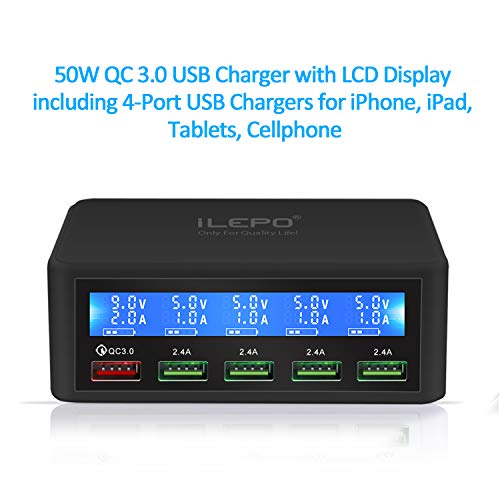 Product Cover iLEPO Quick Charge 3.0 50W USB Charger with 5-Port USB Charging Station for iPhone Xs/Xs Max/XR/X/8/7/Plus, iPad Air 2/Pro/Mini 3, Samsung Galaxy S9/S8/Edge/Plus, Note 8/7, LG G5 and More (Black)
