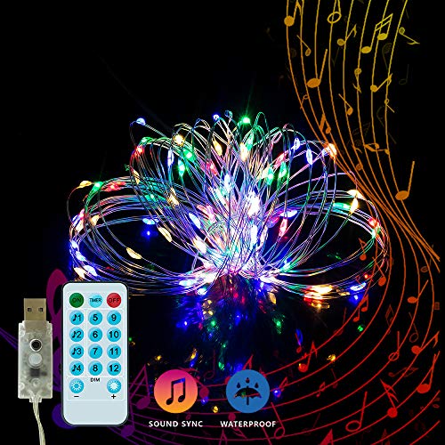 Product Cover YOZATIA 32.8ft Sound Activated Music LED String Lights, Waterproof Silver Wire Multicolor 100LEDs 12 Modes USB Powered Fairy Lights with Remote Control for Home Party Birthday Decor