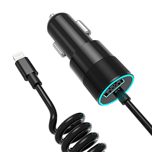 Product Cover Coiled Cable Car Charger Compatible iPhone XR/X/XS MAX / 8 Plus / 8/7 / 6s / 6s Plus 5S 5 5C SE, iPad and More, with Extra USB Port