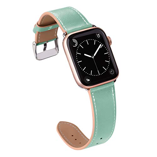 Product Cover MARGE PLUS Compatible with Apple Watch Band 42mm 44mm, Genuine Leather Band Compatible with iWatch Series 5 4 (44mm) Series 3 2 1 (42mm) Sport and Edition, Mint Green