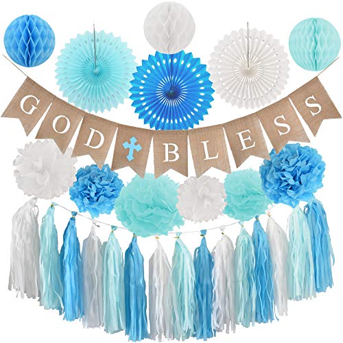 Product Cover Baptism Decorations for Boy - Blue Christening party supplies - First Communion Decor - God Bless High Quality Burlap Banner With Blue Cross, Honeycomb, Paper fan, Paper Tassel, Pompoms - Church Event Favor