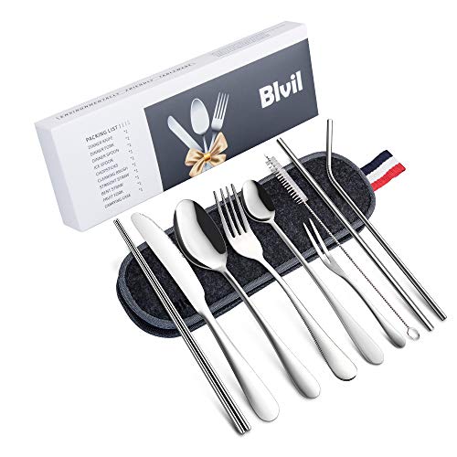Product Cover Reusable Travel Utensils Silverware with Case,Travel Camping Cutlery set,10-Piece including Knife Fork Spoon Chopsticks Straws Cleaning Brush, Stainless Steel Portable Utensils set