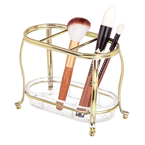 Product Cover mDesign Decorative Makeup Brush Storage Organizer Tray Stand for Bathroom Vanity Counter Tops, Dressing Tables, Cosmetic Stations - 3 Sections with Removable Bottom Tray - Soft Brass/Clear