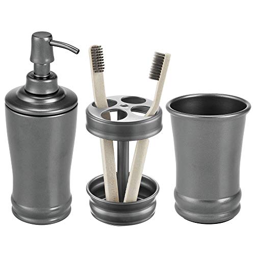 Product Cover mDesign Metal Bathroom Vanity Countertop Accessory Set - Includes Refillable Soap Dispenser, Divided Toothbrush Stand, Tumbler Rinsing Cup - 3 Pieces - Graphite Gray