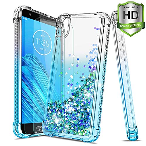 Product Cover Moto E6 Case,Moto E6 XT2005/Moto E 6th Gen Phone Case with HD Screen Protector,Slim Flexible TPU Glitter Quicksand Full Body Shockproof Protective Durable Case for Girls Women-Teal