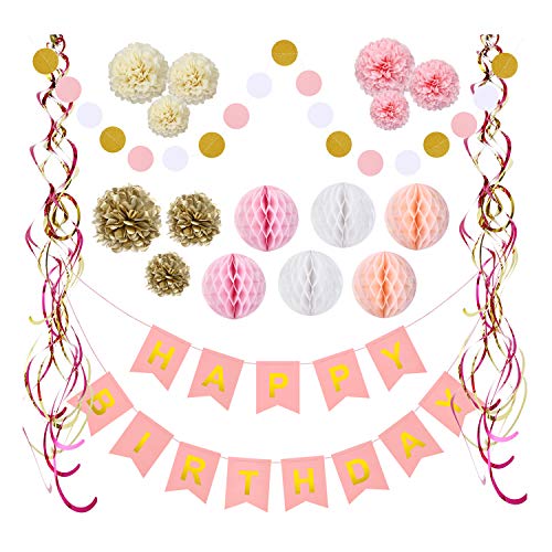 Product Cover Colorful Happy Birthday Supplies, Birthday Decoration Set, Pink and Gold Happy Birthday Decorations for Girls, Happy Birthday Banner, Hanging Swirls, Paper Garland flowers and Honeycomb Balls