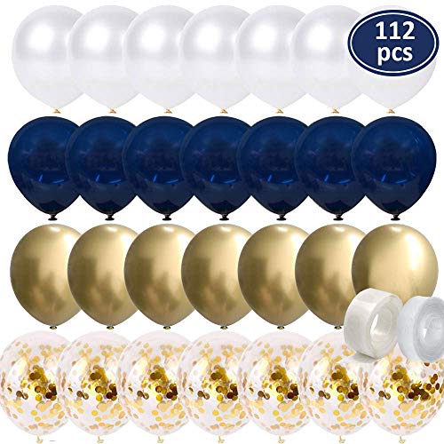 Product Cover 112 Pcs 10 Inch Navy Blue Balloons - Gold Chrome Balloons - Gold Confetti Balloons - White Balloons Matte - Balloon Strip - Glue Points for Baby Shower, Boys Birthday Party, Wedding Party Decorations