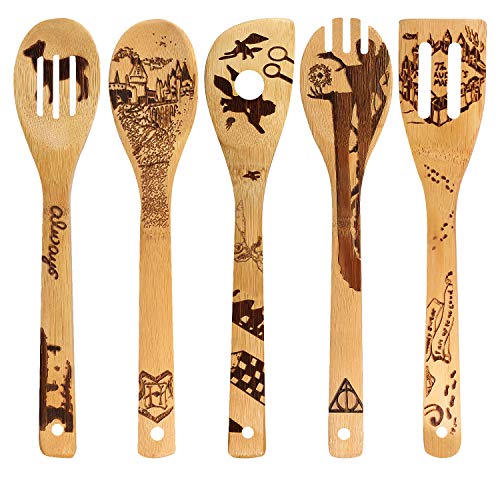 Product Cover Organic Bamboo Spoons Cooking & Serving Utensils Burned Wooden Spoon Carved Spatulas Kitchen Utensil Set Great Gift For Chefs & Foodies Magic Pattern (Set of 5)