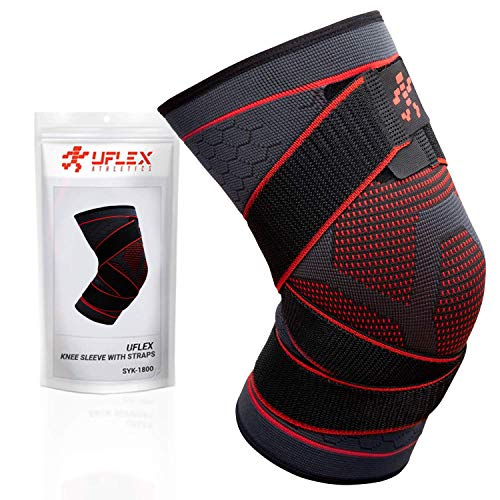 Product Cover Uflex Athletics Knee Compression Brace for Men and Women - Non Slip Sleeve with Straps for Pain Relief, Meniscus Tear, Sports Safety in Basketball, Tennis - Single Wrap (Small)