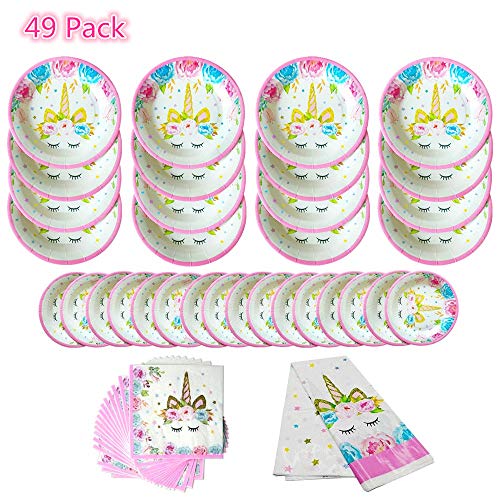 Product Cover 49 Pack Unicorn Tableware Plates Napkins Sets Unicorn Theme Party Supplies Including Plates Napkins Tablecover For Kids Party Serves 16 Guests