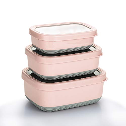 Product Cover Lille Home Premium Stainless Steel Food Containers/Bento Lunch Box With Non-Slip Exterior | Set of 3, 470ml, 900ml,1.4L | Leakproof | BPA Free | Portion Control (pink)