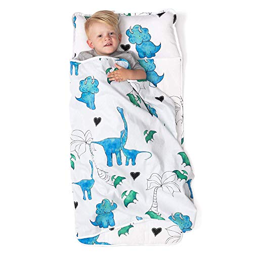 Product Cover JumpOff Jo - Toddler Nap Mat - Children's Sleeping Bag with Removable Pillow for Preschool, Daycare, Sleepovers - Original Design: Dinosaurs - 43 x 21 Inches