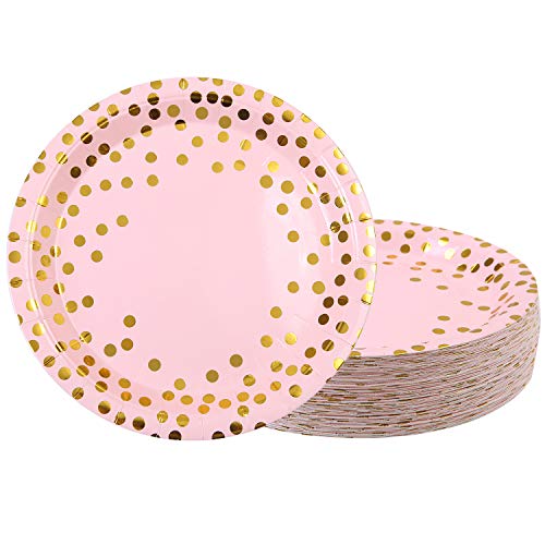 Product Cover Elcoho 60 Pieces 9 Inches Paper Plates Disposable Plates Pink Plates with Gold Foil Dots for Party, Birthday, Wedding, Anniversary