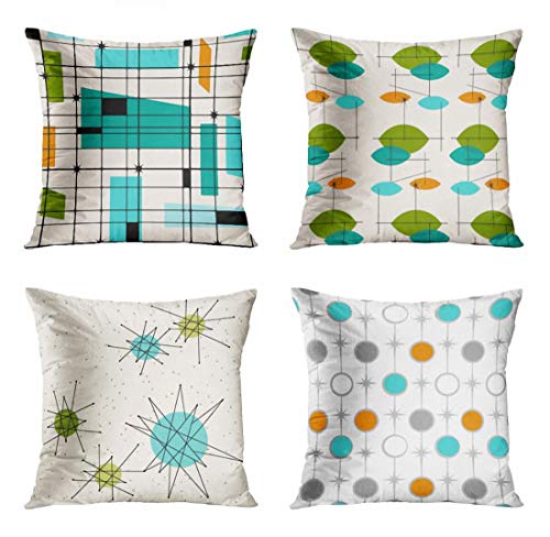 Product Cover ArtSocket Set of 4 Throw Pillow Covers Teal Mid Retro Grid and Starbursts Orange Century Modern Atomic Mobile Pattern Decorative Pillow Cases Home Decor Square 18x18 Inches Pillowcases