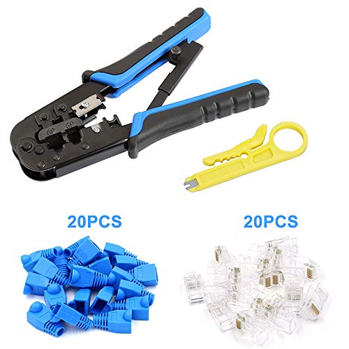 Product Cover Hiija RJ45 Crimp Tool Cat5 Cat5e Crimping Tool, RJ-11, 6P/RJ-12, 8P/RJ-45 Crimp, Cut and Strip Tool with 20PCS Connectors, 20PCS Covers and Network Wire Stripper