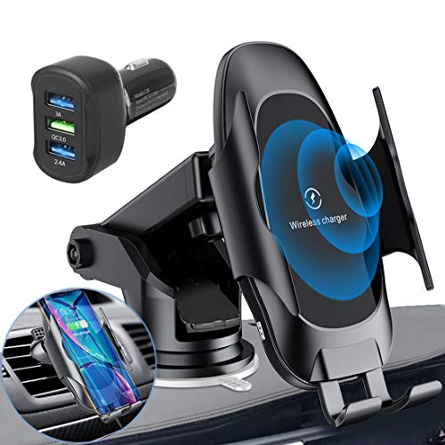 Product Cover Homder Automatic Clamping Wireless Car Charger Mount,10W/7.5W Qi Fast Car Charging,Dashboard Air Vent Phone Holder with QC 3.0 Fast Charger,Compatible with Samsung S10/S9/Note 9,iPhone8/Max/X/XR