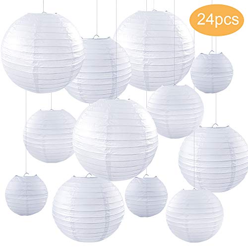 Product Cover 24pcs White Paper Lanterns Decoration for Weddings, Birthdays, Parties, 6 Inches, 8 Inches, 10 Inches, 12 Inches Hanging Paper Lanterns (6 of Each Size) by ZJHAI