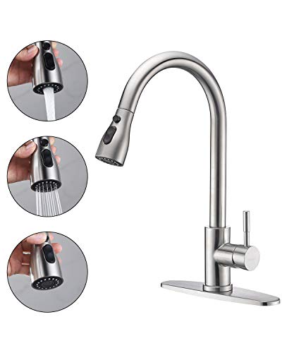 Product Cover Keonjinn Stainless Steel Kitchen Faucets, High Arc Single Handle Pull out Brushed Nickel Kitchen Faucet, Single Level with Pull down Sprayer