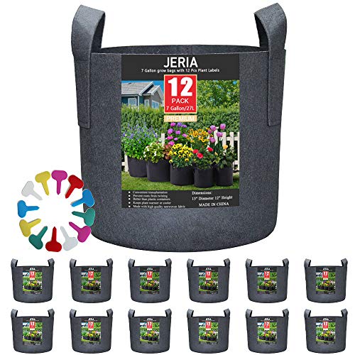 Product Cover JERIA 12-Pack 7 Gallon, Vegetable/Flower/Plant Grow Bags, Aeration Fabric Pots with Handles (Black), Come with 12 Pcs Plant Labels