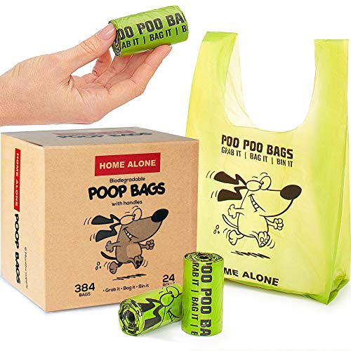 Product Cover Home Alone Dog Poop Bags with Handles Tie Poop Bags for Dogs - Pet Waste Bag - Small to Medium Breeds - Green - Unscented - 384 Bags - 24 Rolls