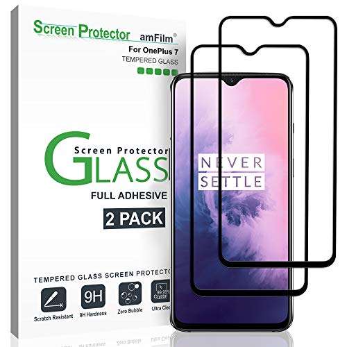 Product Cover amFilm Glass Screen Protector for OnePlus 7 (2 Pack) Tempered Glass, Full Screen Adhesive 2019 (Black)