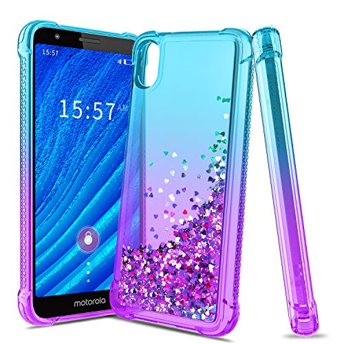 Product Cover iCoold Motorola Moto E6 Case,Four-Corner Glitter Bling Floating Liquid Quicksand Silicone Slim Non-Slip Shockproof Bumper Protective TPU Cover for Girls Women,Teal/Purple