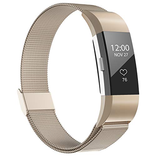 Product Cover iGK Replacement Bands Compatible for Fitbit Charge 2, Stainless Steel Metal Bracelet with Unique Magnet Clasp Champagne Large