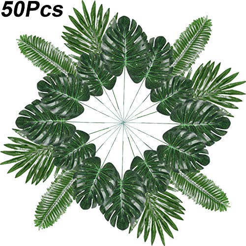 Product Cover Artificial Palm Leaves Tropical Plant Palm Leaves Monstera Leaves Faux Palm Leaves for Hawaiian Luau Party Jungle Beach Theme Party Table Leave Decorations (50, Style 3)