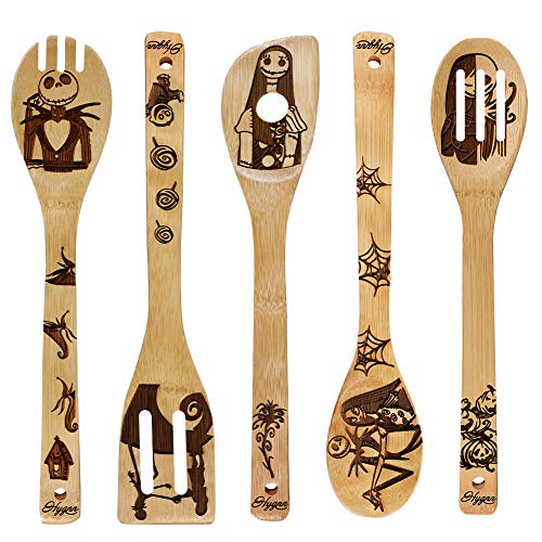 Product Cover Unique Pattern Burned Wooden Spoons Nightmare Kitchen Slotted Spoon House Warming Presents Bamboo Utensil Set(5 Pieces)