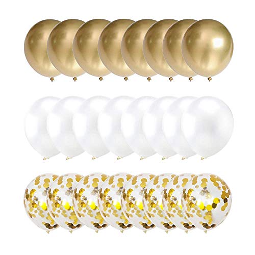 Product Cover 50 Pieces Gold, White and Gold Confetti Balloons | PREFILLED 14 Inch Latex, Metallic, Confetti Balloons for Party, Decorations, Wedding & Bridal (with Ribbon)