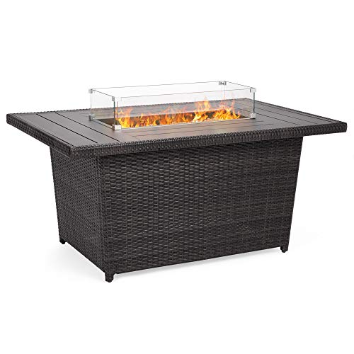 Product Cover Best Choice Products 52-inch 50,000 BTU Outdoor Wicker Patio Propane Gas Fire Pit Table w/Aluminum Tabletop, Glass Wind Guard, Clear Glass Rocks, Cover, Slide Out Tank Holder, and Lid, Gray