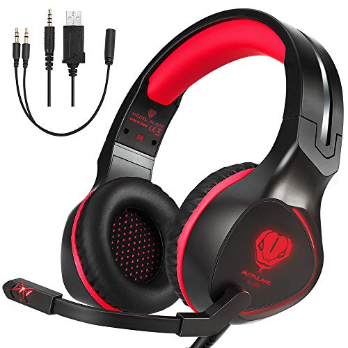 Product Cover BUTFULAKE Gaming Headset for PS4, Xbox One, Xbox One S, PC, Nintendo Switch, Mac, Laptop, Computer, 3.5mm Wired Over Ear Gaming Headphones with LED Light & Noise Cancelling Microphone, Red