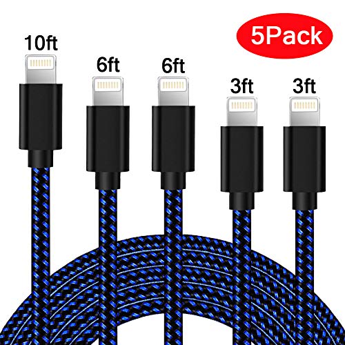 Product Cover iPhone Charger Cable Lightning Charging Cable Nylon Braided 5 Pack 3FT/6FT/10FT MFI Certified Long USB Cord Fast iPhone Cable Compatible iPhone XS/Max/XR/X/8P/8/7P/7/6S/iPad/iPod/IOS (Black & Blue)