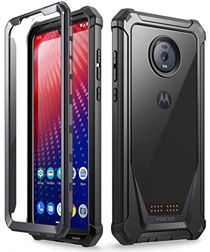 Product Cover Moto Z4 Rugged Clear Case, Poetic Full-Body Hybrid Shockproof Bumper Cover, Built-in-Screen Protector, Guardian Series, Case for Motorola Moto Z4 (2019 Release), Black/Clear