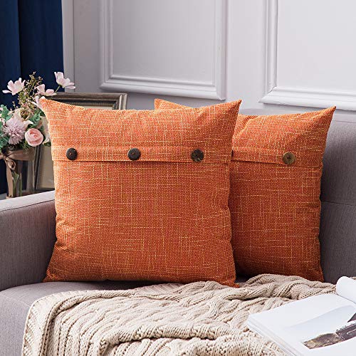 Product Cover MIULEE Set of 2 Linen Throw Pillow Covers Cushion Case Triple Button Vintage Farmhouse Pillowcase for Couch Sofa Bed 20 x 20 Inch 50 x 50 cm Orange