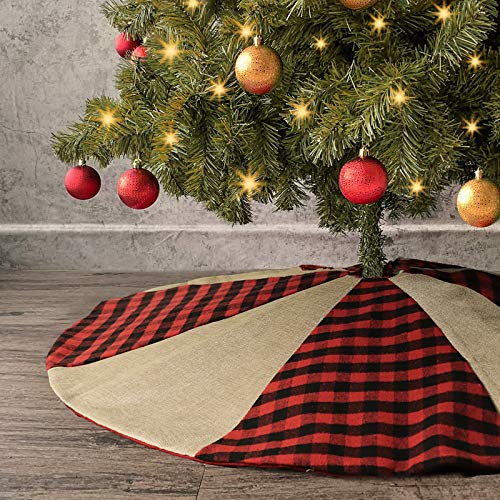 Product Cover Ivenf Christmas Tree Skirt, 48 inches Buffalo Plaid with Burlap, Rustic Xmas Holiday Decoration, Red and Black