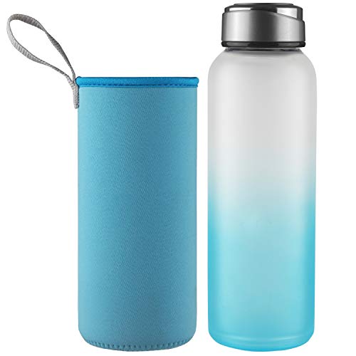 Product Cover DEARRAY Sport Borosilicate Glass Water Bottle with Neoprene Sleeve and Stylish Stainless Steel Lid 32oz Blue