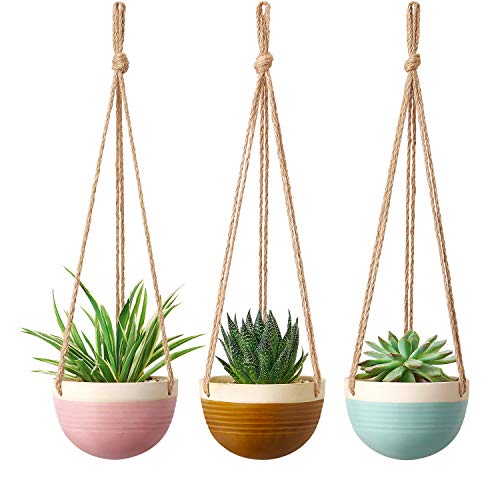 Product Cover Mkono Ceramic Hanging Planter Colorful Flower Plant Pots 4.5 Inch Round Plant Holder Container with Jute Rope Hanger for Indoor Outdoor Succulent Herbs Ivy Ferns Crawling Plants, 3 Packs