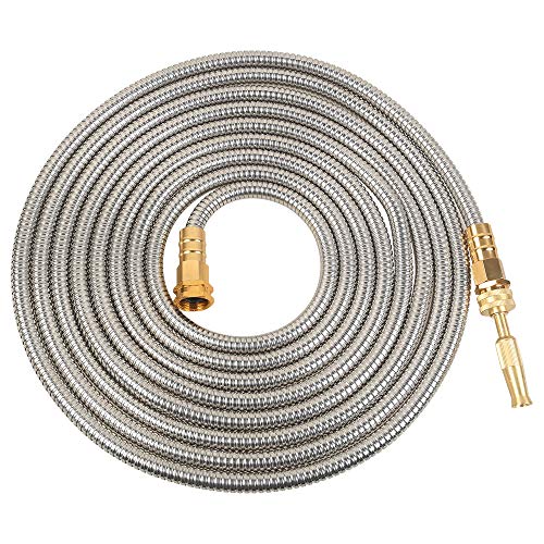 Product Cover VERAGREEN Stainless Steel Metal Garden Hose 304 Stainless Steel Water Hose with Solid Metal Fittings and Newest Spray Nozzle, Lightweight, Kink Free, Durable and Easy to Store(25FT)