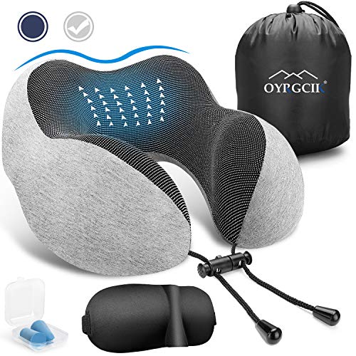 Product Cover OYRGCIK Travel Pillow, 100% Pure Memory Foam Neck Pillow, Soft & Breathable Cotton Cover, Machine Washable Airplane Travel Kit U Shaped Pillow with 3D Contoured Eye Mask, Earplugs, Travel Bag, Gray