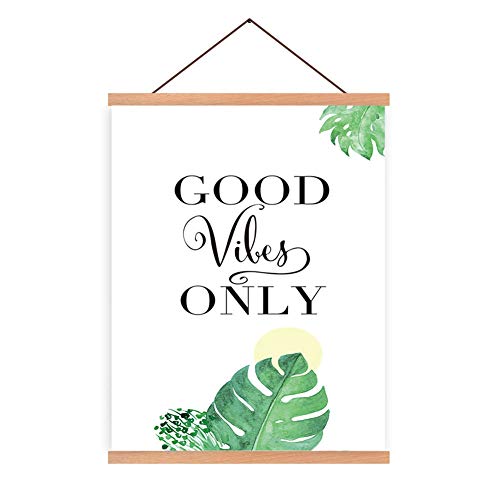 Product Cover Natural Wood Magnetic Hanger Frame&Canvas Poster-Good Vibes Only Quote&Botanical Leaf Canvas Inspirational Art Print Green Plant Poster 28X45cm Frames Hanging Kit