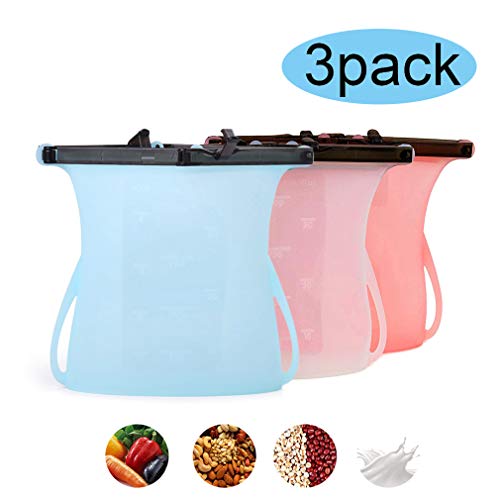 Product Cover 3 Pack Silicone Food Storage Bag Reusable Snack Bags for Vegetable, Fruit, Sandwich. Food Preservation bags with Air-tight Seal Clip (1000ml Capacity)
