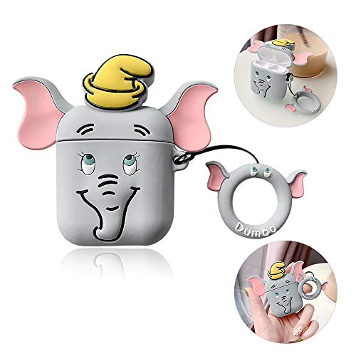 Product Cover Morenitor Cartoon Airpods Case, 3D Cute Cartoon Elephant with Hat Pattern Silicone Protective Cover and Skin with Ring Buckle Holder for Apple Airpods 1 2 Charging Case (Grey)