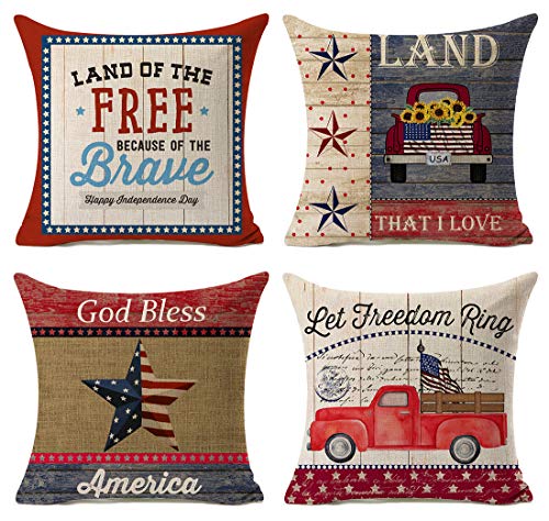 Product Cover Kithomer Independence Day American Flag Pillow Covers 4th of July Patriotic Truck Throw Pillow Case Farmhouse Decorative Cushion Cover for Sofa 18