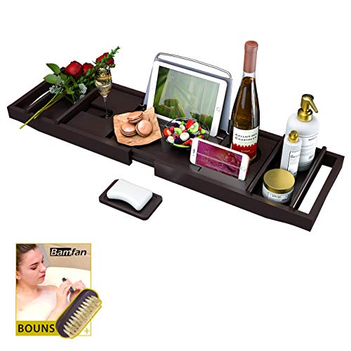 Product Cover Bathtub Caddy Tray for Luxury Bath - Bamboo Waterproof Expandable Bath Table Over Tub with Wine and Book Holder and Free Soap Dish (Brown)